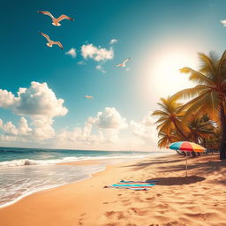 A scenic beach landscape, featuring golden sands, gentle waves lapping at the shore, a vibrant blue sky dotted with fluffy white clouds, and lush palm trees swaying in the breeze