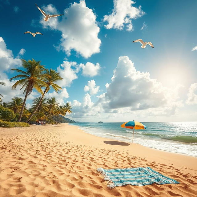 A scenic beach landscape, featuring golden sands, gentle waves lapping at the shore, a vibrant blue sky dotted with fluffy white clouds, and lush palm trees swaying in the breeze