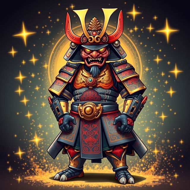 A striking and impressive illustration of a cool-looking Yokai clad in ornate samurai armor, showcasing a blend of traditional Japanese aesthetics and a fantastical design