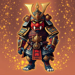 A striking and impressive illustration of a cool-looking Yokai clad in ornate samurai armor, showcasing a blend of traditional Japanese aesthetics and a fantastical design
