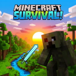 A vibrant and engaging YouTube thumbnail for a Minecraft survival series, featuring a blocky, pixelated landscape with a lush green forest, a blue river, and a striking sunset in the background