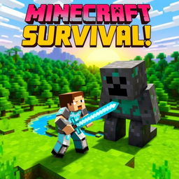 A vibrant and engaging YouTube thumbnail for a Minecraft survival series, featuring a blocky, pixelated landscape with a lush green forest, a blue river, and a striking sunset in the background