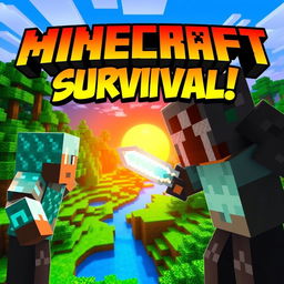 A vibrant and engaging YouTube thumbnail for a Minecraft survival series, featuring a blocky, pixelated landscape with a lush green forest, a blue river, and a striking sunset in the background