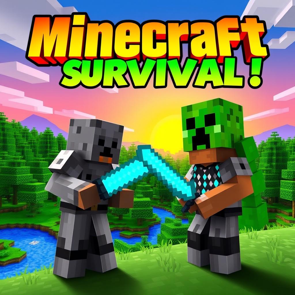 A vibrant and engaging YouTube thumbnail for a Minecraft survival series, featuring a blocky, pixelated landscape with a lush green forest, a blue river, and a striking sunset in the background