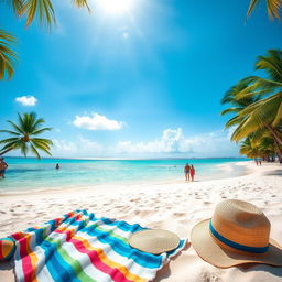 A picturesque tropical beach scene, featuring white sand, turquoise waters, and gently swaying palm trees