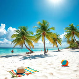 A picturesque tropical beach scene, featuring white sand, turquoise waters, and gently swaying palm trees