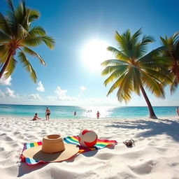 A picturesque tropical beach scene, featuring white sand, turquoise waters, and gently swaying palm trees