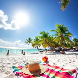 A picturesque tropical beach scene, featuring white sand, turquoise waters, and gently swaying palm trees