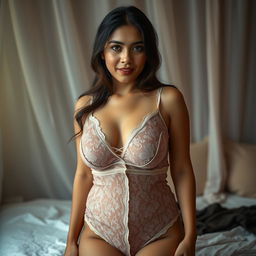 A 25-year-old Indonesian woman in a very sexy lace pajama, showcasing her voluptuous figure with large breasts