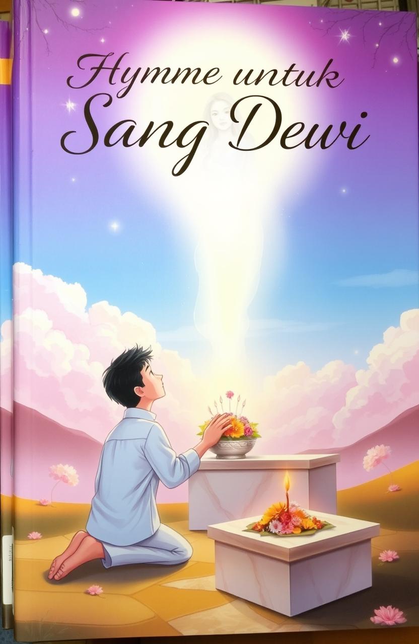 The cover of a novel titled 'Hymne untuk Sang Dewi', featuring a beautifully illustrated romantic scene set in a mystical, serene landscape
