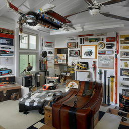 An interior view of a house designed for a car enthusiast, showcasing car-themed furniture, decoration, and a wide array of automotive memorabilia on display.