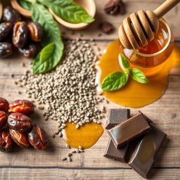 A beautifully styled flat lay photo featuring a variety of healthy ingredients