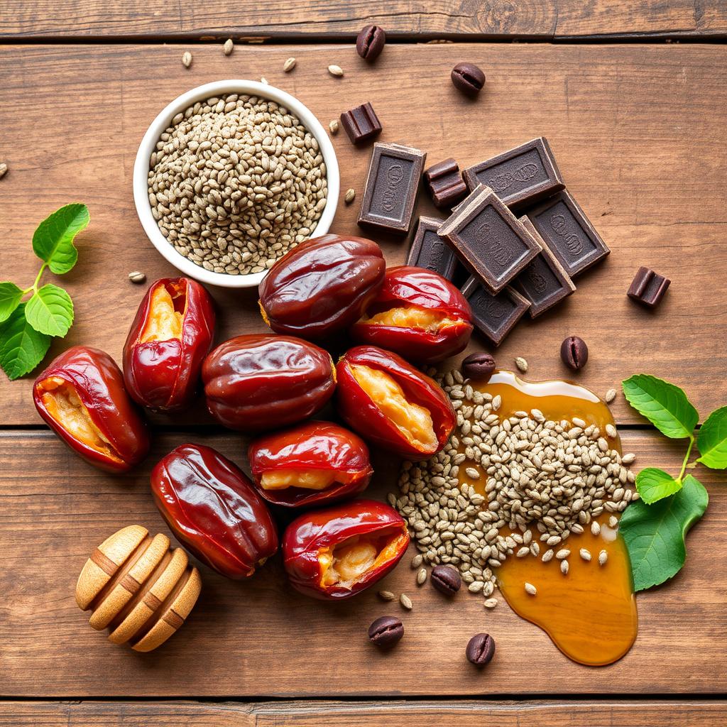 A beautifully styled flat lay photo featuring a variety of healthy ingredients