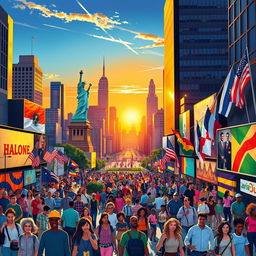 An artistic depiction of a vibrant urban landscape in the United States, showcasing iconic landmarks like the Statue of Liberty and bustling city streets filled with diverse people going about their daily lives