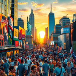 An artistic depiction of a vibrant urban landscape in the United States, showcasing iconic landmarks like the Statue of Liberty and bustling city streets filled with diverse people going about their daily lives