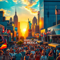An artistic depiction of a vibrant urban landscape in the United States, showcasing iconic landmarks like the Statue of Liberty and bustling city streets filled with diverse people going about their daily lives