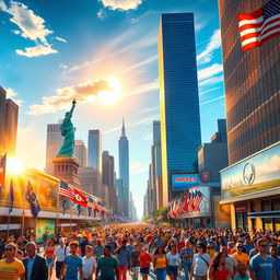 An artistic depiction of a vibrant urban landscape in the United States, showcasing iconic landmarks like the Statue of Liberty and bustling city streets filled with diverse people going about their daily lives