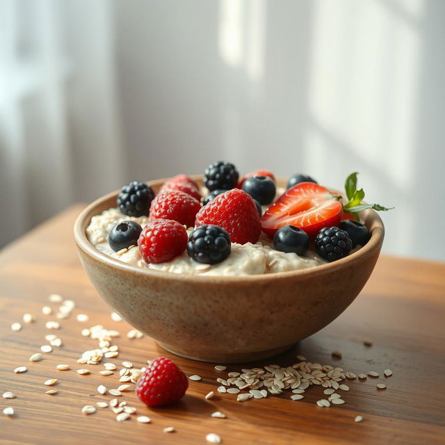 A beautifully arranged bowl of oats topped with fresh berries and a sprinkle of chia seeds