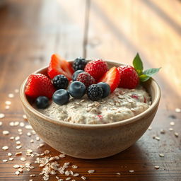 A beautifully arranged bowl of oats topped with fresh berries and a sprinkle of chia seeds