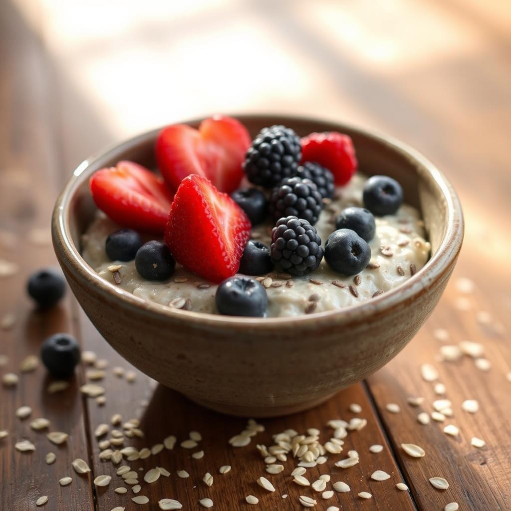 A beautifully arranged bowl of oats topped with fresh berries and a sprinkle of chia seeds