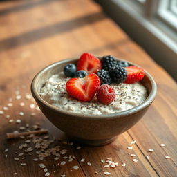 A beautifully arranged bowl of oats topped with fresh berries and a sprinkle of chia seeds