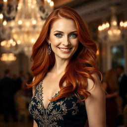 A stunning portrait of a confident woman with long, flowing red hair, wearing a tasteful, elegant black evening gown with intricate gold embroidery