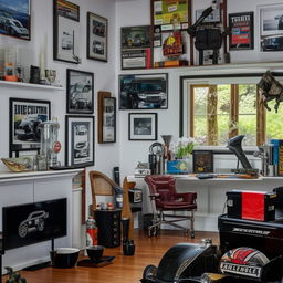 An interior view of a house designed for a car enthusiast, showcasing car-themed furniture, decoration, and a wide array of automotive memorabilia on display.