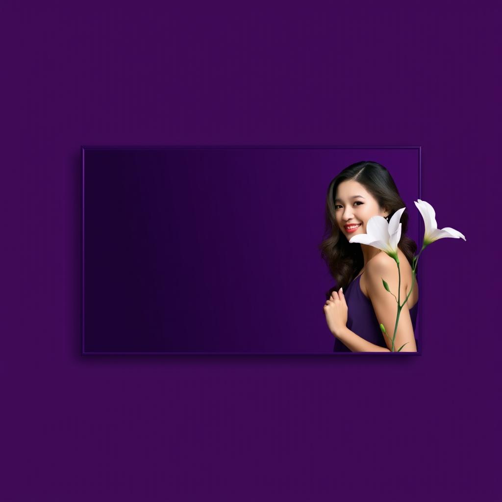 A rectangular dark purple frame, subtly blending into an even darker purple gradient, featuring a woman on the right-hand side next to a pale flower