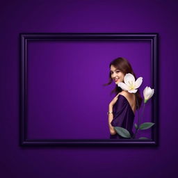 A rectangular dark purple frame, subtly blending into an even darker purple gradient, featuring a woman on the right-hand side next to a pale flower