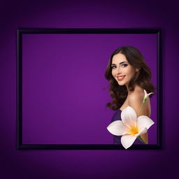 A rectangular dark purple frame, subtly blending into an even darker purple gradient, featuring a woman on the right-hand side next to a pale flower