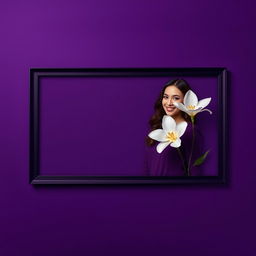 A rectangular dark purple frame, subtly blending into an even darker purple gradient, featuring a woman on the right-hand side next to a pale flower