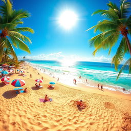 A vibrant beach scene capturing the essence of summer with bright turquoise waters, golden sandy shores, and a clear blue sky