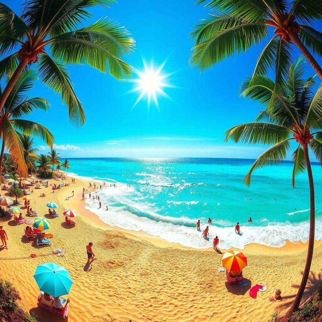 A vibrant beach scene capturing the essence of summer with bright turquoise waters, golden sandy shores, and a clear blue sky