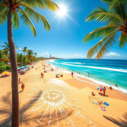 A vibrant beach scene capturing the essence of summer with bright turquoise waters, golden sandy shores, and a clear blue sky