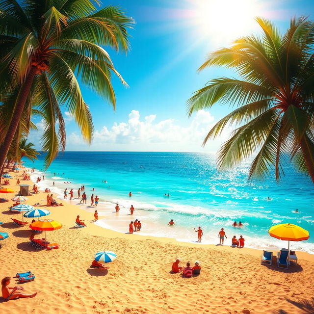 A vibrant beach scene capturing the essence of summer with bright turquoise waters, golden sandy shores, and a clear blue sky