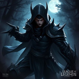 A dynamic and intense character illustration of Talon from League of Legends, showcasing his signature look and swift, stealthy movements