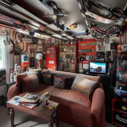 An interior view of a house designed for a car enthusiast, showcasing car-themed furniture, decoration, and a wide array of automotive memorabilia on display.