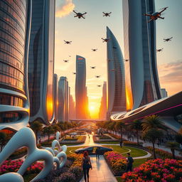 A sleek futuristic city at sunset, with towering skyscrapers reflecting warm hues of orange and pink in the glass windows