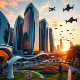 A sleek futuristic city at sunset, with towering skyscrapers reflecting warm hues of orange and pink in the glass windows