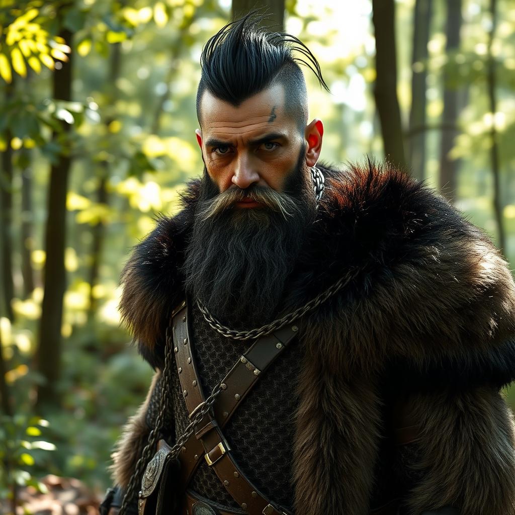 A stoic warrior from the 1940s featuring a full beard and striking black hair adorned with witch streaks