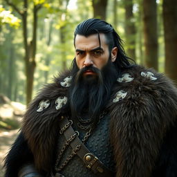 A stoic warrior from the 1940s featuring a full beard and striking black hair adorned with witch streaks