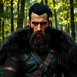 A stoic warrior from the 1940s featuring a full beard and striking black hair adorned with witch streaks