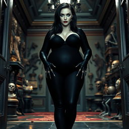 A full length photographic image of a curvy, stunning 19 year old woman with pale skin and thick black hair