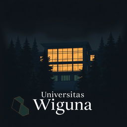 An illustration featuring a university classroom building with a modern architectural style, surrounded by tall evergreen trees, specifically conifer trees
