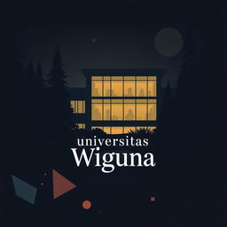An illustration featuring a university classroom building with a modern architectural style, surrounded by tall evergreen trees, specifically conifer trees