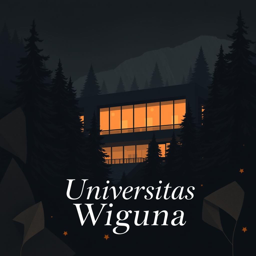 An illustration featuring a university classroom building with a modern architectural style, surrounded by tall evergreen trees, specifically conifer trees