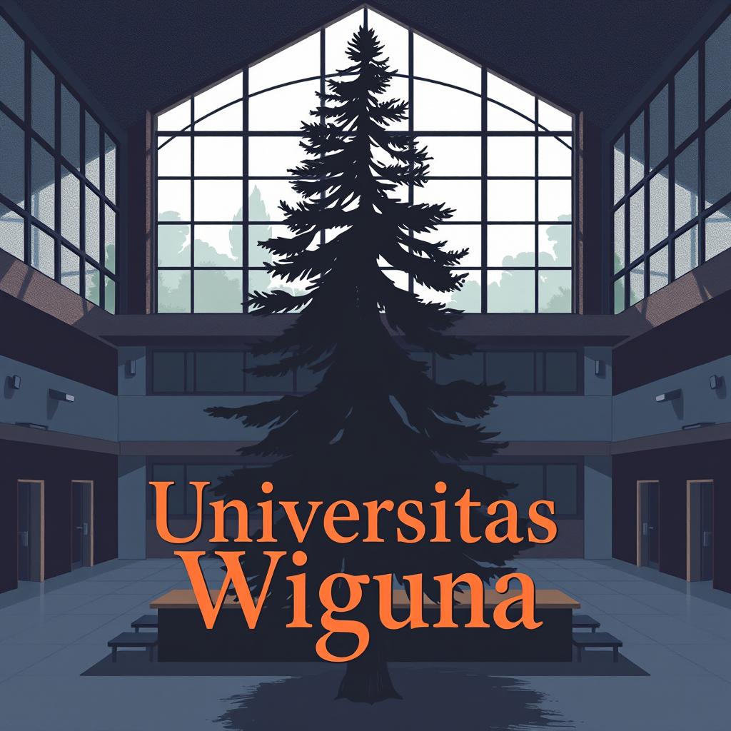An illustration set in a university classroom building, featuring a modern architectural design with large windows, allowing for natural light to flood in