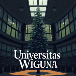 An illustration set in a university classroom building, featuring a modern architectural design with large windows, allowing for natural light to flood in