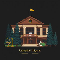 An illustration featuring a university classroom building with a law theme, incorporating various visual elements of law such as scales of justice, law books, and gavel