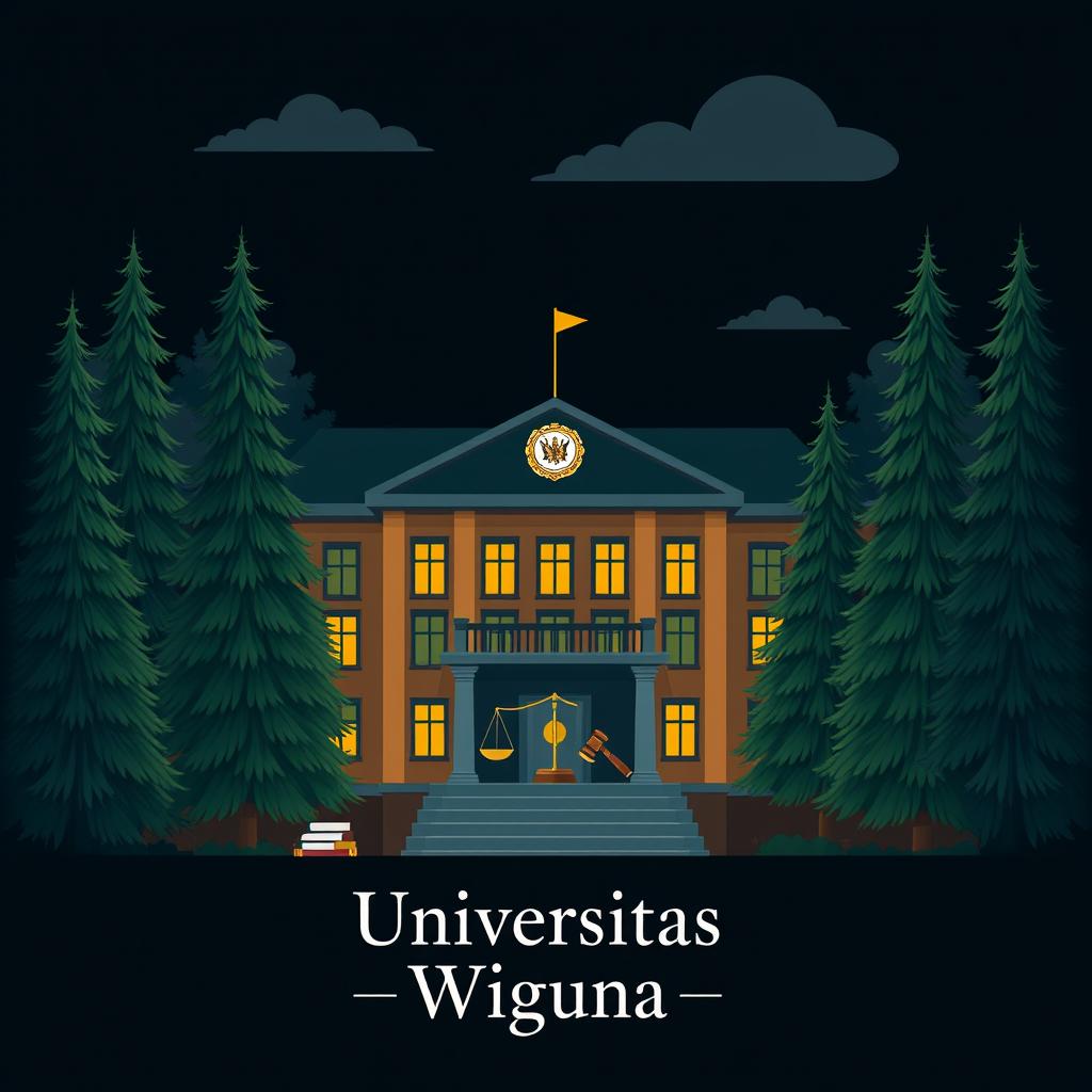 An illustration featuring a university classroom building with a law theme, incorporating various visual elements of law such as scales of justice, law books, and gavel